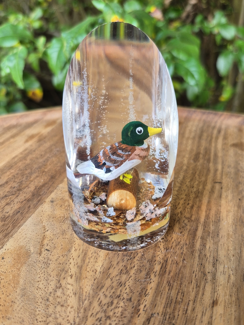 Vintage Lucite Mallard Duck Paperweight Hand Carved Wood Canada Mid Century Art
